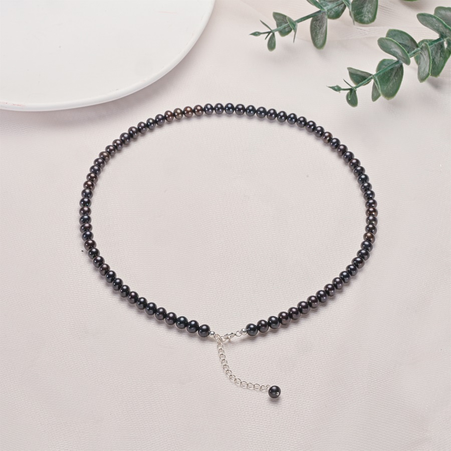 Pearl Trim Chain - Hengsheng 5-6.5 มม.ใกล้รอบสร้อยคอไข่มุกน้ําจืดสีดําสําหรับผู้หญิง 925 เงินสเตอร์ลิง 40