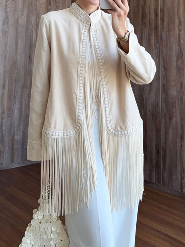 Tassel Fringe Trim - เสื้อคาร์ดิแกนแขนยาวคอตั้งแต่งขอบปักลาย แจ็คเก็ตเปิดหน้าแต่งพู่สำหรับผู้หญิง เสื้อคลุมสไตล์โบโฮสำหรับฤดูใบไม้ร่วง เสื้อโค้ทสไตล์ฮาราจูกุ