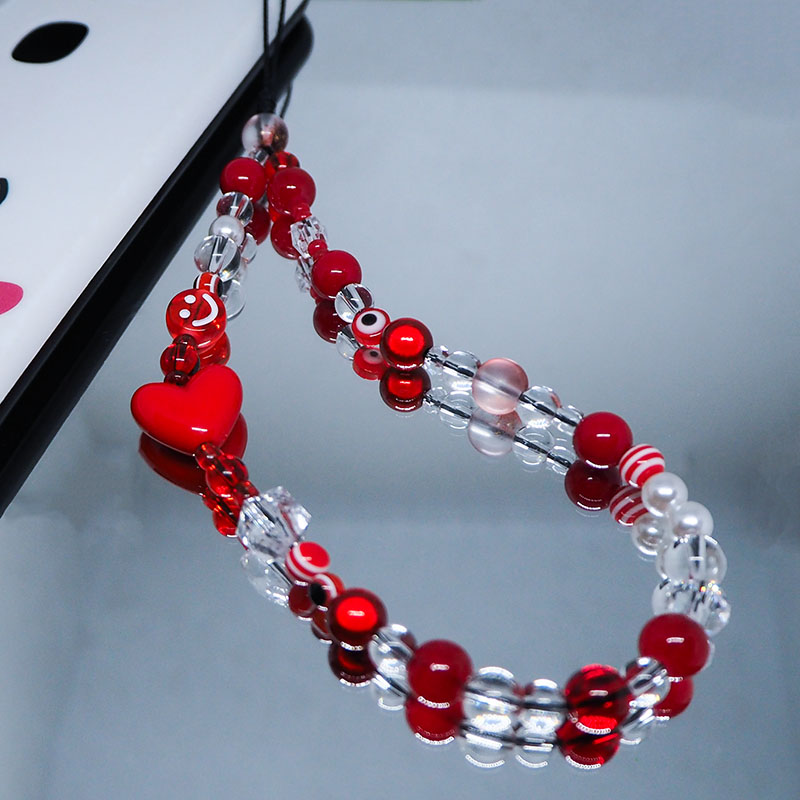 Pearl Trim Chain - สายคล้องโทรศัพท์มือถือ Y2k ใสสีแดงมีสายคล้องคอสายโซ่ประดับลูกปัดไข่มุกแก้วอะคริลิครูปหัวใจน่ารักเครื่องประดับพวงกุญแจน่ารักสำหรับผู้หญิง