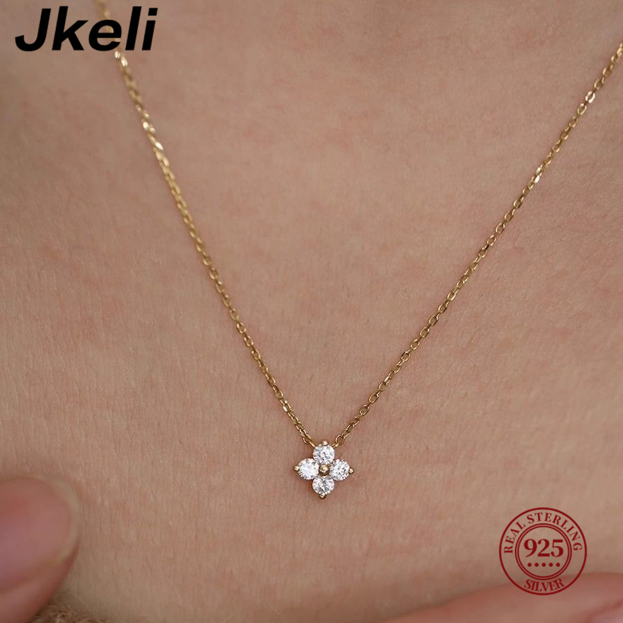 Pearl Trim Chain - สร้อยคอจี้ใบโคลเวอร์สี่แฉกขนาดเล็ก ชุบทอง 14K เงินสเตอร์ลิง 925 แบรนด์