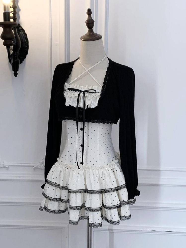 Elastic Lace Trim - ชุดเดรสสายเดี่ยวคอเหลี่ยมสไตล์เกาหลีหวานๆ สำหรับผู้หญิง พร้อมเสื้อคาร์ดิแกนแขนยาวทรงสั้นแต่งลูกไม้ลายจุดและโบว์ระบาย